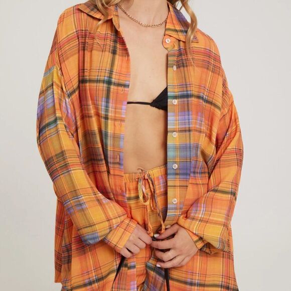 Charlie Holiday Maple Shirt Camden plaid orange blouse size 2 NWT - Picture 3 of 16